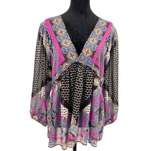 Rose Olive Sheer Babydoll Top Womens M Balloon Sleeve Metallic‎ Threads Fairy